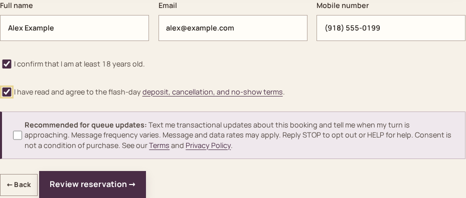 Actual booking form with fictional name and email, mobile number (918) 555-0199 filled in, age and terms accepted, optional SMS consent unchecked, and the enabled Review reservation button